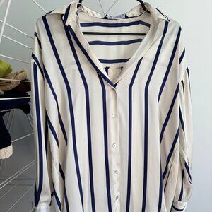 ZARA - White & Navy Blue Stripes Satin Shirt